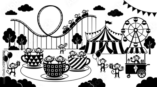 Cartoon Monkey Carnival Adventure Vector Scene with Roller Coaster Teacup Ride and Circus Park Elements