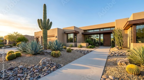 Modern luxury house with desert landscaping and tall saguaro cactus in a bright sunny arizona setting. arizona front yard