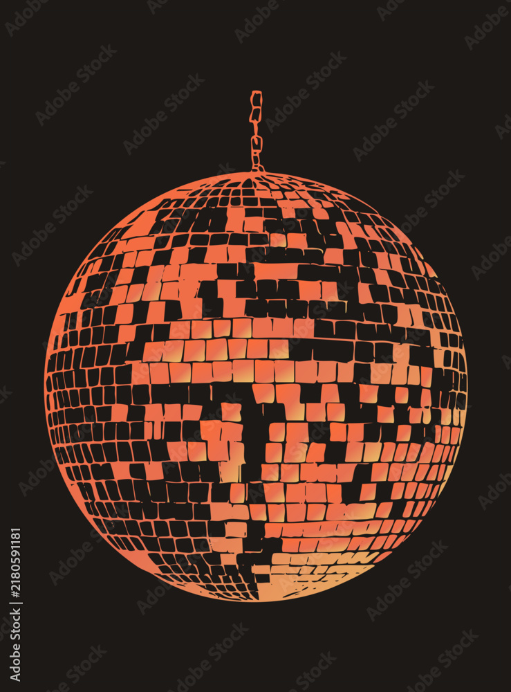 Obraz premium Large orange and black disco ball with a fragmented mirror tile grid, featuring high contrast blocky 70s aesthetic shading against a dark backdrop.