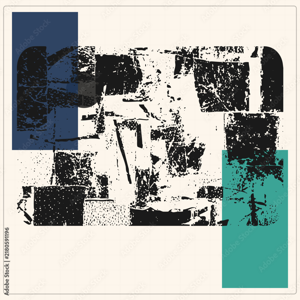 Obraz premium Heavy black stenciled lettering with a worn industrial texture. Bold navy and teal rectangles layer over distressed glyphs against a subtle graph paper background, emphasizing jagged edges of the weat