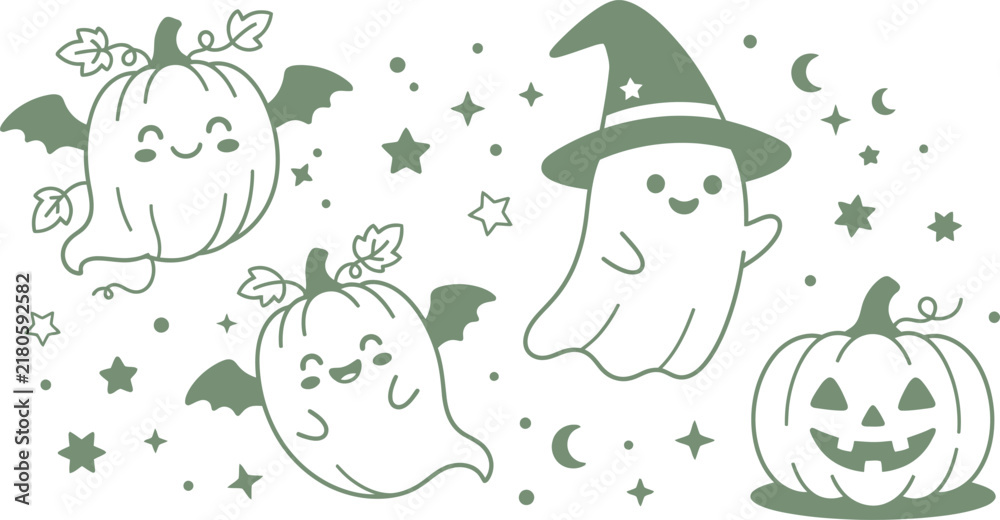 Fototapeta premium Spooky Halloween scene with ghosts, pumpkin, and castle in dark silhouette