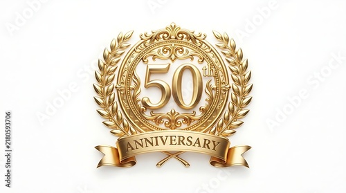 Shiny golden 50th anniversary emblem with a laurel wreath and a decorative ribbon for a celebration event logo