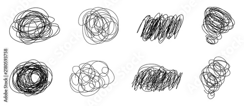 Collection of hand drawn tangled scribbles and chaotic thought symbols in different shapes and densities, representing confusion, mental clutter, brainstorming, stress, and complex thinking.