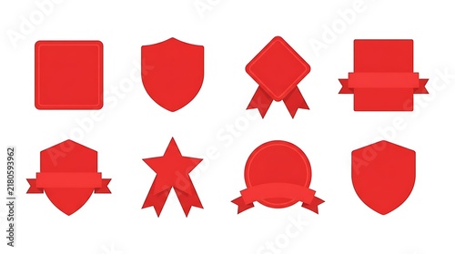 Set of eight red blank badges and ribbon labels for sale tags promotions and discount marketing designs