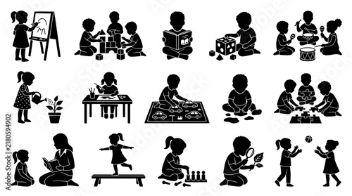 Childcare and Preschool Kids Activities Glyph Silhouettes: Children Learning, Playing, and Growing Vector Icons