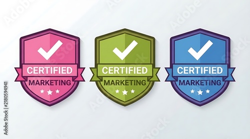 Three colorful certified marketing shield badges with check marks for business quality and professional service