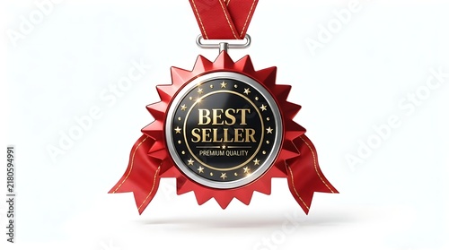 Shiny best seller medal badge with red ribbons and premium quality text for business marketing and sales promotion