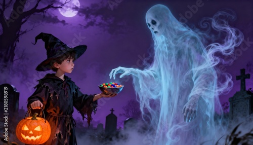 Child in witch costume offering candy to glowing ghost in foggy Halloween graveyard under full moon