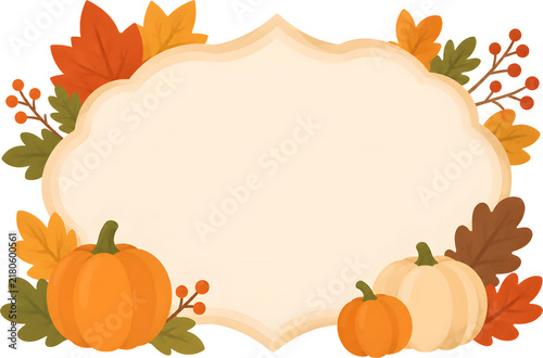Autumn decorative sign with pumpkins and colorful fall leaves
