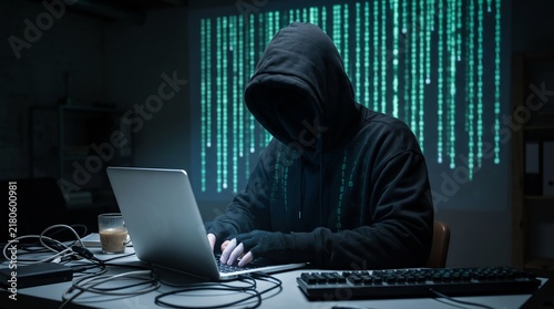 Tapety artystyczne Hacker in dark room working on laptop with digital code background