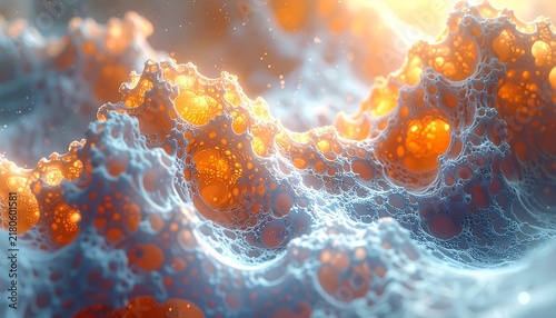 Abstract microscopic cellular texture showing an intricate porous web with glowing warm orange lighting inside soft biological structures, macro science concept background with depth of field.