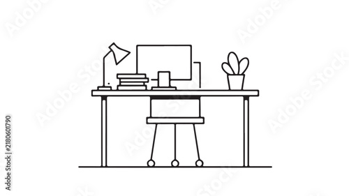 Minimalist office workspace interior featuring computer desk chair lamp and potted plant in line drawing