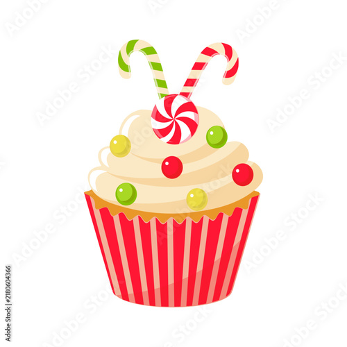 Christmas Cupcake with Candy Canes and Colorful Candies