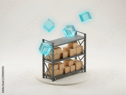 Storage rack with cardboard boxes and glowing cubes in studio lighting for logistics concepts