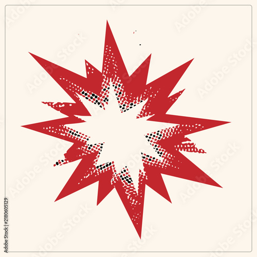 Vintage comic book bang symbol with spiky jagged rays, a classic kaboom burst also known as a pow flash or action blast. Distressed halftone dot texture gives this boom shape retro pop art energy.
