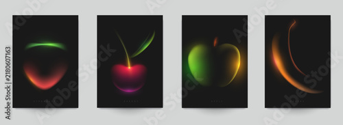 Abstract glowing fruit set on dark background. Modern blurred neon light art poster collection with strawberry, cherry, apple, and banana silhouette vectors for minimalist aesthetic design.