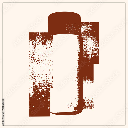 Weathered spray paint can, known as an aerosol bomber or rattle can, rendered in distressed stencil style. Speckled grunge textures frame the graffiti tagger essential in warm rust brown tones.