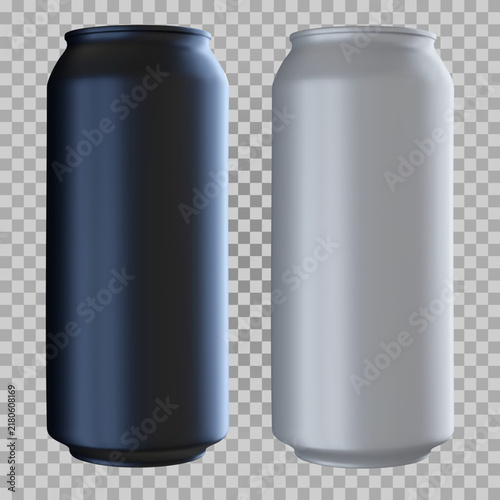 Aluminum energy drink can mockup set with black matte and silver metallic blank surface isolated on transparent background