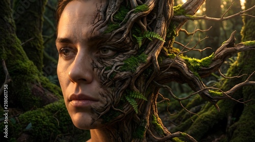 Conceptual Surreal Portrait of a Woman Merging with a Tree and Moss in a Lush Forest