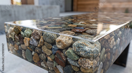 Modern river stone aggregate and epoxy resin table surface for contemporary interior design.