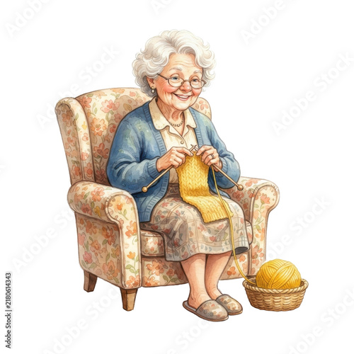 Happy Elderly Grandmother Sitting in a Floral Armchair Knitting a Yellow Scarf with Yarn Ball