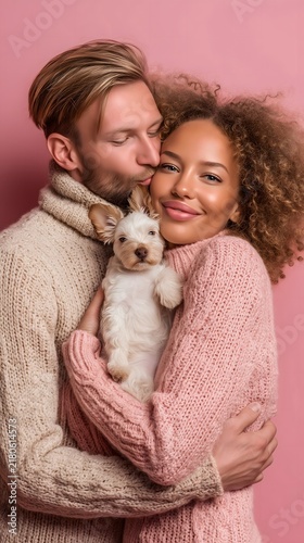 A couple is happily hugging a small dog with soft pink backgroud