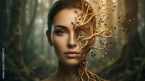 Surreal Portrait of Woman with Golden Tree Branches Merged with Face in Ethereal Forest Setting