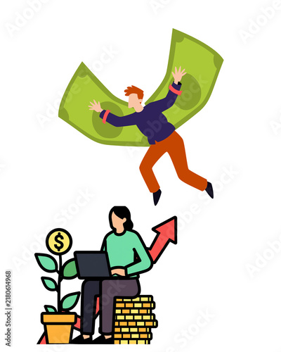 Financial Success Concept with Businessman Flying on Money and Woman Investing