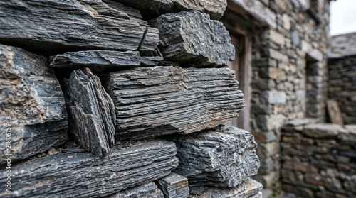 Rustic slate stone wall texture, weathered grey rock masonry background for architecture design