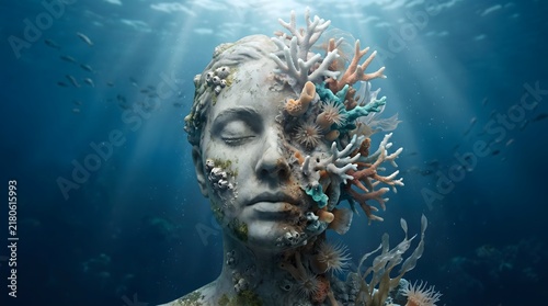 Surreal Underwater Sculpture of Woman Face with Coral Reef and Marine Life