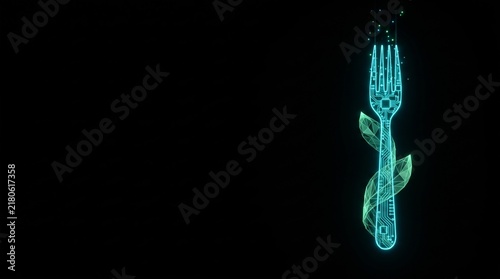 Futuristic digital fork with glowing blue wireframe, holographic cutlery icon for food technology, neon kitchen utensil on black background