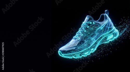 Futuristic glowing sneaker with neon blue wireframe. Digital athletic shoe hologram on black background. High-tech sports footwear concept.