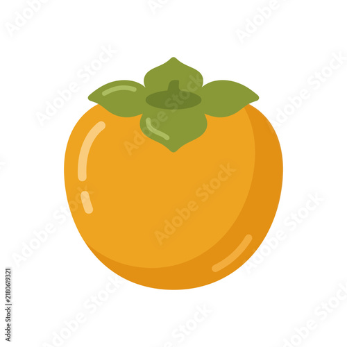 Vibrant Orange Persimmon Fruit Icon with Green Leaves, Isolated on White