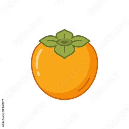 Vibrant Orange Persimmon Fruit Icon with Green Leaves, Isolated on White