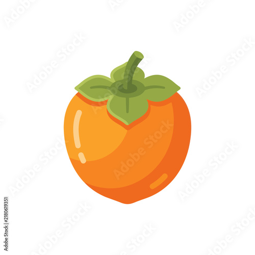 Vibrant Orange Persimmon Fruit Icon with Green Leaves, Isolated on White