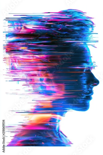 Glitching human profile silhouette with neon digital data streams
