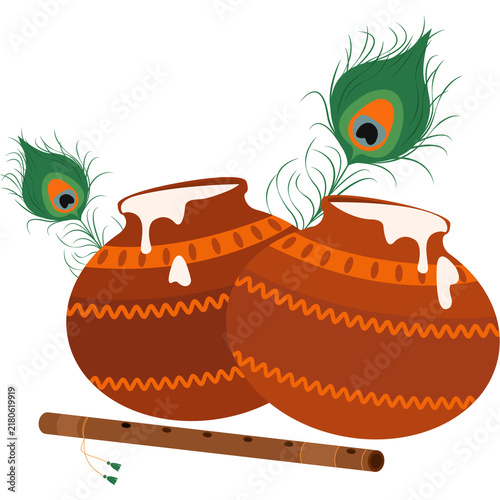 Cuadro en lienzo Krishna janmashtami dahi handi matki mor pankh bansuri png transparent