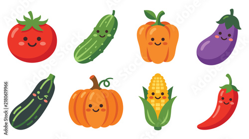Cute vegetable characters with funny smiling faces for kids menu.