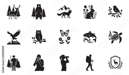 Forest wildlife and outdoor adventure vector icon set for eco tourism and nature preservation branding.
