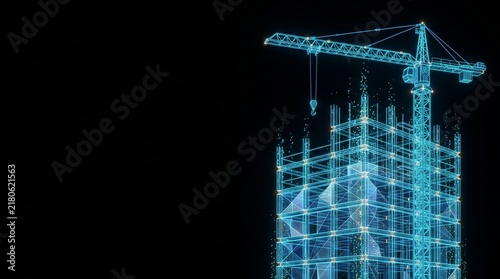 Futuristic digital construction crane and building wireframe. Blue holographic skyscraper architecture. High-tech engineering concept.
