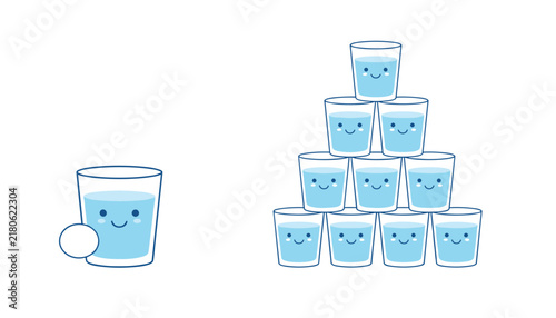 Comparison between a single cute glass of water and a large pyramid of smiling water glasses for hydration and health concept.