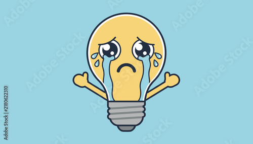 Cute cartoon lightbulb character with a sad expression crying blue tears with its arms spread wide on a light blue background.