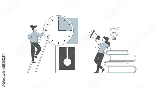 Creative illustration of two women managing time with a giant clock books megaphone and lightbulb for productivity concept.