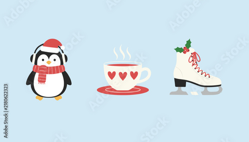 Set of three winter themed icons featuring a cute penguin in a red santa hat a hot cocoa mug and a white ice skate boot.
