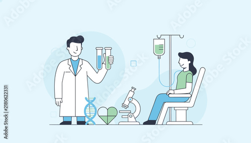Professional doctor in a white coat holding test tubes next to a patient sitting in a chair receiving an intravenous drip treatment.