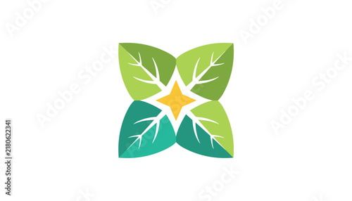 Symmetrical nature logo featuring four green leaves pointing towards a central yellow star on a clean white background.