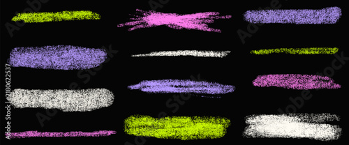 Highlight and handwriting underline in vivid crayon accent on dark. Neon kid handwriting strokes with brush pencil line shapes. Glowing vector highlight elements for creative school projects isolated.