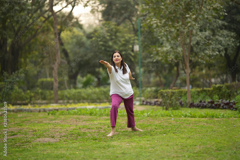Fototapeta premium Indian active woman doing relaxes in yoga poses in green nature.
