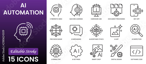 Automation Workflow Icon Set RPA, Business Process Automation, Digital Workflow and Smart Systems Vector Collection.