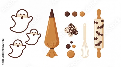 Halloween baking kit flat vector illustration with ghost cutters piping bag and bat rolling pin